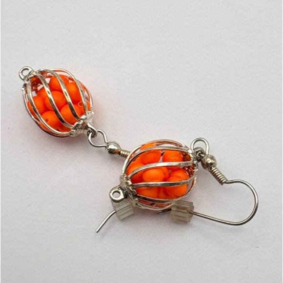 Orange Bead Dangle Earrings With Silver Wire Style Cage Retro 80s Vibrant Fun - Picture 4 of 6